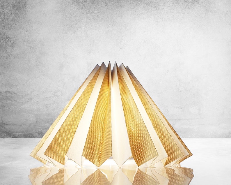 Pleated lampshade, white and dark gold fabric, bedside lamp, origami table lamp, pleated fabric shade, bedroom table lamp, modern style lamp image 1