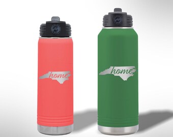 Custom Laser Etched North Carolina Home Water Bottle - 20 oz or 32 oz