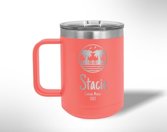 Custom Laser Etched Vacation Tumbler with Palm Trees 15 oz Mug