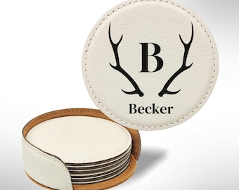 Antler Family Name Round Leatherette Coasters Set of 6