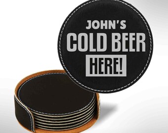 Cold Beer Here Round Leatherette Coasters Set of 6