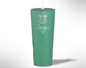 Custom Laser Etched Vacation Tumbler with 2 Palm Trees and Hammock 20.9 oz Tumbler