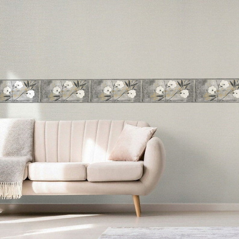 Peel and Stick Wallpaper Border Floral White Gray Brown Etsy