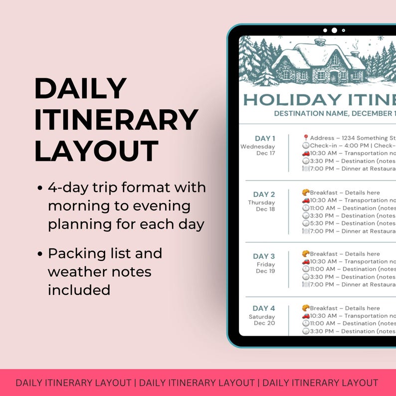 Holiday Itinerary Canva Template – Winter Trip Planner for Christmas ...