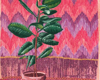 Original Gouache Painting, Still Life Painting, Plant Painting, Gouache Painting on Paper, Pattern Painting, Plant and Tchotchke Painting