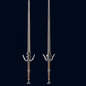 May include: Two silver swords with ornate handles and blades. The swords are displayed against a dark blue background. For illustration purpose only. Digital files listing STL.