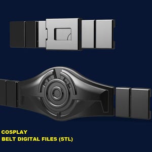 May include: A black utility belt with a circular design in the center. The belt has two separate buckle pieces.  SM Props and Cosplay Vault Utility Belt Digital Files (STL)