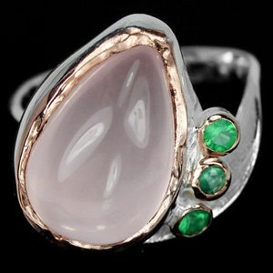 Bezel Set Rose Quartz and Aventurine 14K Rose & White Gold on Sterling Silver Ring Size 8.5 Handmade Ring Size