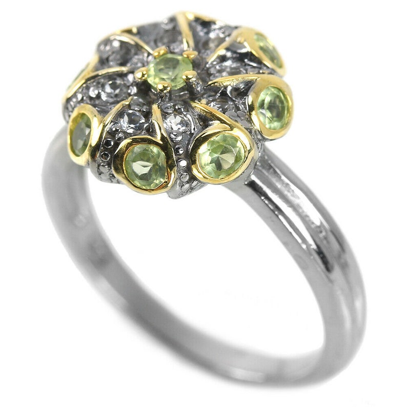 Bezel Set Peridot Flower Swirl Ring 2 Tone Sterling Silver Size 7 3/4 Organic W/ Cz's Etsy