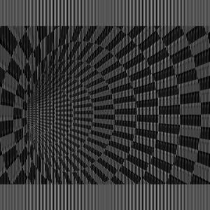 May include: A black and white graphic print featuring a repeating checkerboard pattern that creates a deep, spiraling tunnel effect. The entire composition is overlaid with a series of thin, vertical lines that run across the entire surface.