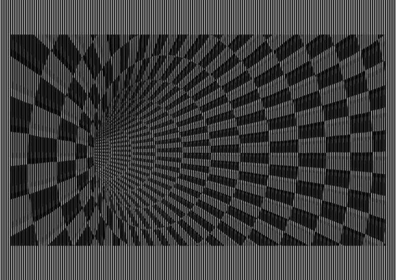 May include: A black and white graphic print featuring a repeating checkerboard pattern that creates a deep, spiraling tunnel effect. The entire composition is overlaid with a series of thin, vertical lines that run across the entire surface.