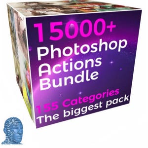 May include: A digital product box featuring the text 15000+ Photoshop Actions Bundle, 155 Categories, and The biggest pack on a purple gradient background with star accents. A small blue 3D human head model is positioned in the bottom left corner.