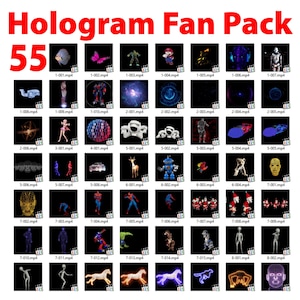 以下が含まれることがあります： 「Hologram Fan Pack 55」と題されたデジタルコレクション。白い背景に55個のビデオサムネイルがグリッド状に並んでいます。各正方形には、黒い背景に独自の3Dアニメーションやグラフィックが表示されており、ファイル名ラベルが付いています。