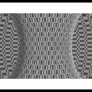May include: A black and white graphic print featuring a repeating pattern of vertical lines and rectangular segments. The composition creates a central concave curve effect, with the lines appearing to bend inward toward the middle of the frame.