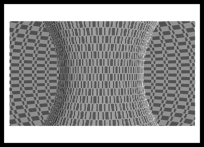 May include: A black and white graphic print featuring a repeating pattern of vertical lines and rectangular segments. The composition creates a central concave curve effect, with the lines appearing to bend inward toward the middle of the frame.