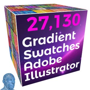 Könnte beinhalten: Ein lila und rosa Hintergrund mit einem weißen Würfel. Der Würfel hat ein buntes Muster auf der Vorderseite und den Text "27.130 Gradient Swatches Adobe Illustrator" auf der Vorderseite.