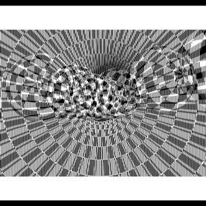 May include: A black and white digital graphic print featuring a complex geometric pattern of concentric circles and intersecting lines that create a high-contrast optical illusion of depth and movement across the entire rectangular surface.