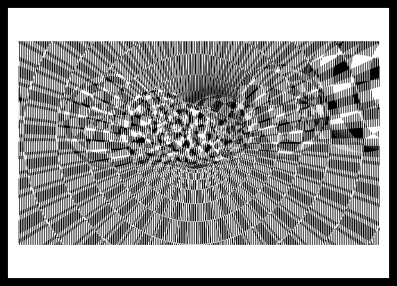May include: A black and white digital graphic print featuring a complex geometric pattern of concentric circles and intersecting lines that create a high-contrast optical illusion of depth and movement across the entire rectangular surface.