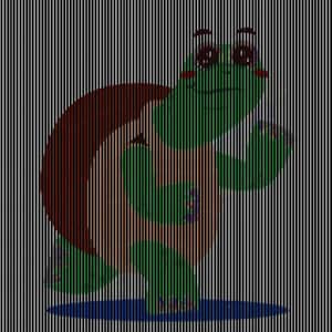 May include: A cartoon turtle illustration featuring a green body, a brown shell, and a light orange belly. The turtle is depicted in a walking pose on a blue oval base. The entire image is overlaid with a vertical black and white line pattern.