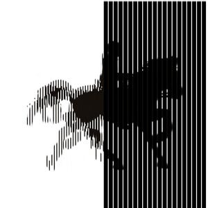 May include: A black and white graphic print featuring a silhouette of a person riding a horse. The right side of the image consists of solid vertical black lines, while the left side shows the horse and rider emerging through vertical line segments.