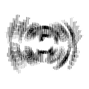 May include: A black and white graphic design featuring a series of vertical lines of varying heights and thicknesses that create a distorted, abstract shape with a central horizontal opening, resembling a stylized digital sound wave pattern.
