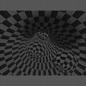 May include: A black and white graphic print featuring a series of spheres suspended within a tunnel-like structure. The entire composition is overlaid with a vertical line pattern, creating a distorted, checkered, and three-dimensional effect.