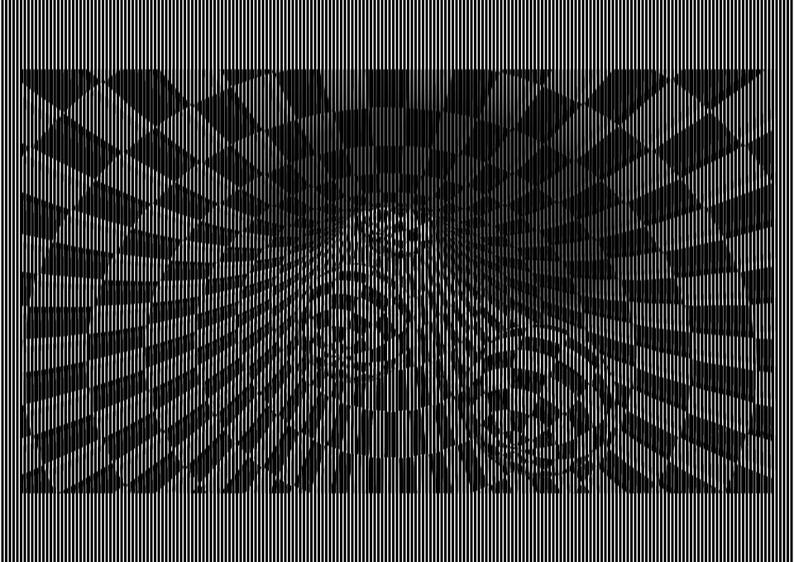 May include: A black and white graphic print featuring a series of spheres suspended within a tunnel-like structure. The entire composition is overlaid with a vertical line pattern, creating a distorted, checkered, and three-dimensional effect.