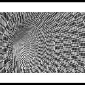 May include: A black and white graphic print featuring a repeating pattern of vertical lines and concentric circles that create a deep, tunnel-like optical illusion. The design uses high-contrast monochrome geometry to form a vortex effect.