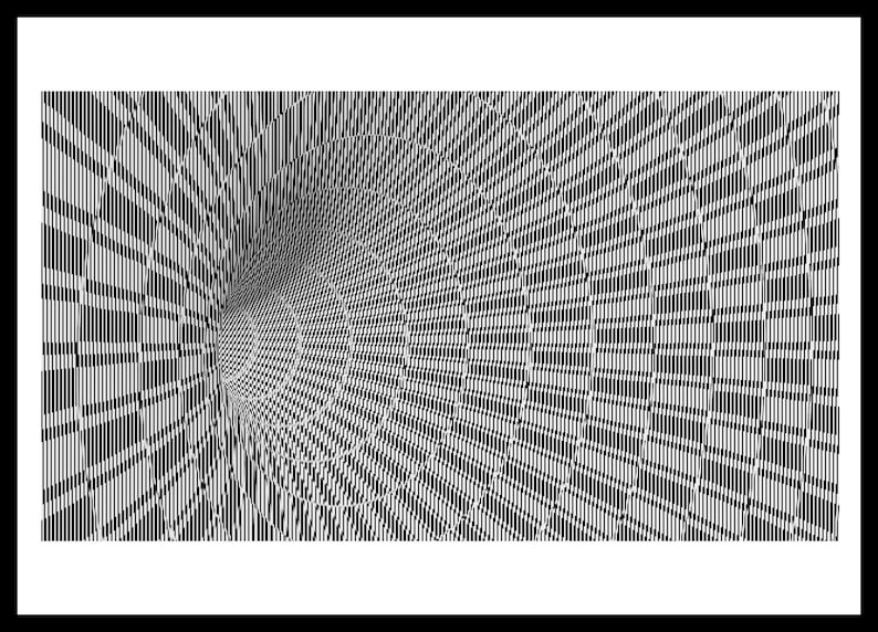 May include: A black and white graphic print featuring a repeating pattern of vertical lines and concentric circles that create a deep, tunnel-like optical illusion. The design uses high-contrast monochrome geometry to form a vortex effect.