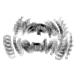 May include: A black and white graphic design featuring a series of vertical lines of varying lengths and thicknesses that create a distorted, abstract pattern. The composition is centered and symmetrical, resembling a stylized, glitch-effect visual.