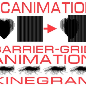 May include: An image featuring the word "SCANIMATION" in red. Below, a heart shape transforms into a square, then back into a heart. The words "BARRIER-GRID ANIMATION" and "KINEGRAM" are also in red, with a series of animated images.