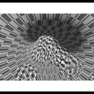 May include: A black and white digital graphic print featuring a series of concentric circular lines that create a tunnel-like optical illusion. The pattern consists of vertical and curved lines that converge toward a central point, forming a textured effect.