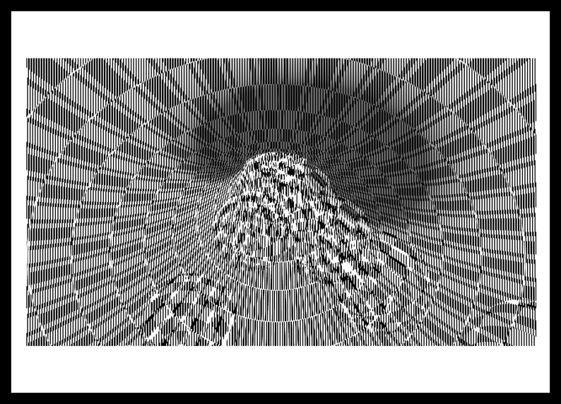 May include: A black and white digital graphic print featuring a series of concentric circular lines that create a tunnel-like optical illusion. The pattern consists of vertical and curved lines that converge toward a central point, forming a textured effect.
