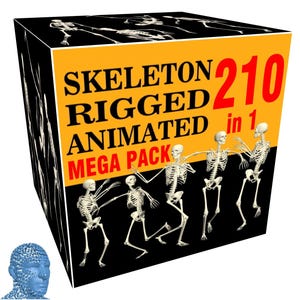 Pode incluir: Uma caixa quadrada com o texto SKELETON RIGGED ANIMATED 210 in 1 MEGA PACK em letras pretas e vermelhas sobre um fundo amarelo e preto. A caixa exibe várias figuras de esqueletos brancos em várias poses. Uma cabeça de wireframe 3D azul é visível.
