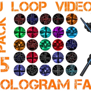Może przedstawiać: Pakiet 25 pętli wideo VJ dla wentylatora holograficznego. Obraz przedstawia kolekcję kolorowych, okrągłych wzorów cyfrowych z dwoma czarnymi wentylatorami holograficznymi. Tekst "VJ LOOP VIDEOS" i "25 PACK" jest pomarańczowy.