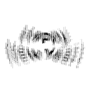 May include: A black and white graphic design featuring a central Batman logo silhouette surrounded by vertical, distorted, and jagged lines that create a textured, glitch-like effect across the entire composition on a plain white background.