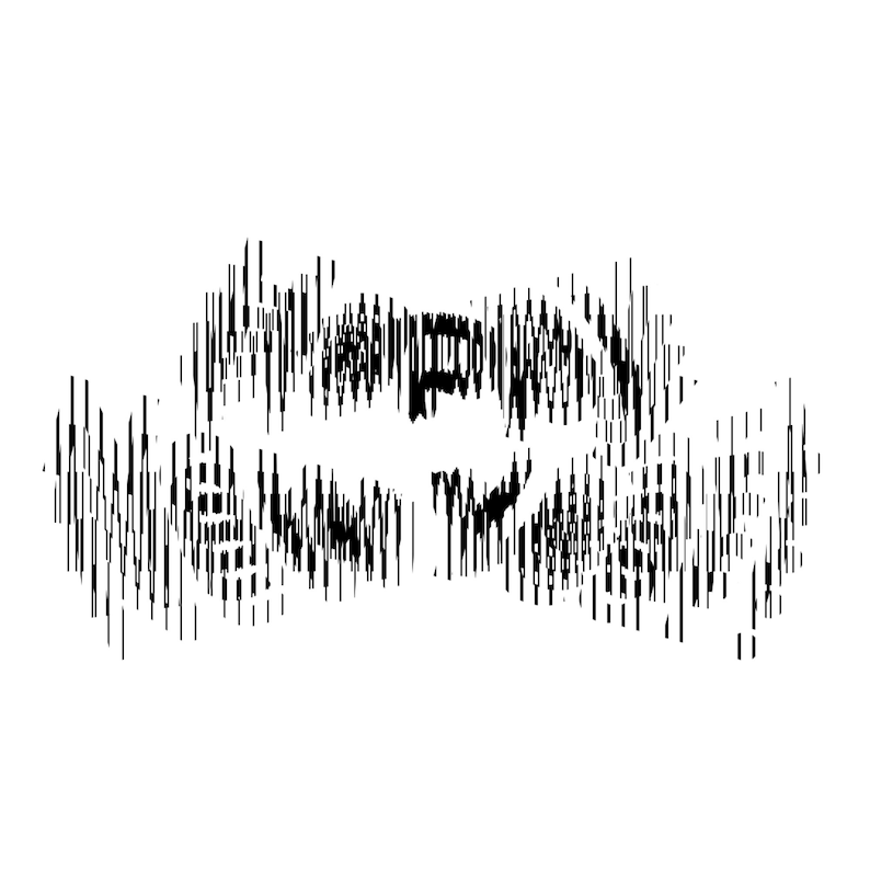 May include: A black and white graphic design featuring a central Batman logo silhouette surrounded by vertical, distorted, and jagged lines that create a textured, glitch-like effect across the entire composition on a plain white background.