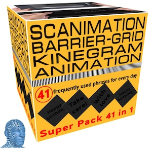 May include: A yellow box labeled SCANIMATION BARRIER-GRID KINEGRAM ANIMATION. The box features the text 41 frequently used phrases for every day and Super Pack 41 in 1, with black diamond shapes containing phrases like Happy birthday and Take care.