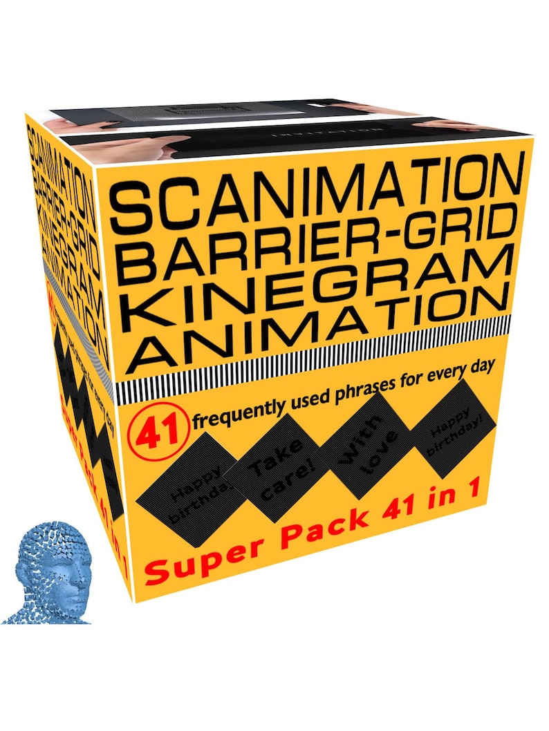 May include: A yellow box labeled SCANIMATION BARRIER-GRID KINEGRAM ANIMATION. The box features the text 41 frequently used phrases for every day and Super Pack 41 in 1, with black diamond shapes containing phrases like Happy birthday and Take care.