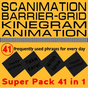 May include: A yellow rectangular card featuring the black text SCANIMATION BARRIER-GRID KINEGRAM ANIMATION. It includes the text 41 frequently used phrases for every day and Super Pack 41 in 1, with four black diamond shapes containing text.