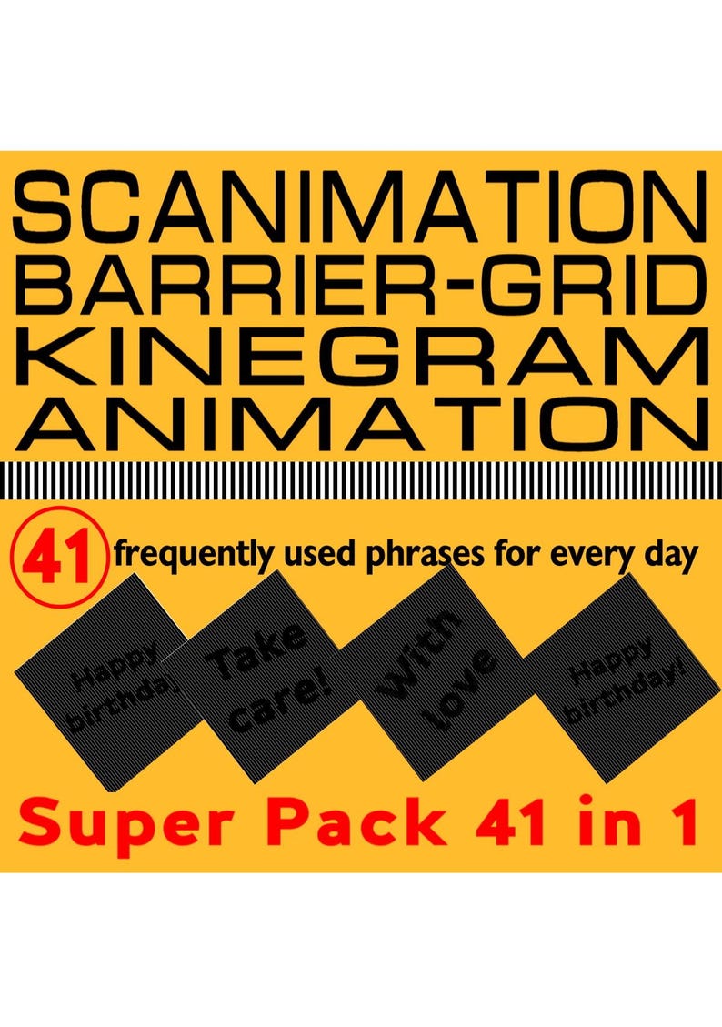 May include: A yellow rectangular card featuring the black text SCANIMATION BARRIER-GRID KINEGRAM ANIMATION. It includes the text 41 frequently used phrases for every day and Super Pack 41 in 1, with four black diamond shapes containing text.