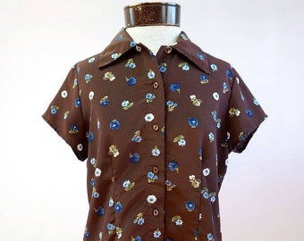 The Gabby: 90s Vintage Brown Floral Short Sleeve Collared Button Up Xhilaration Polyester Shirt