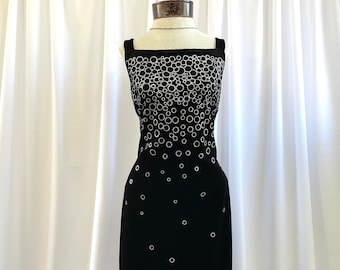 The Sally: 90s Vintage Black Velvet Square Neck Jessica McClintock Gunne Sax with Open Back and Silver Glitter Circle Formal Prom Dress