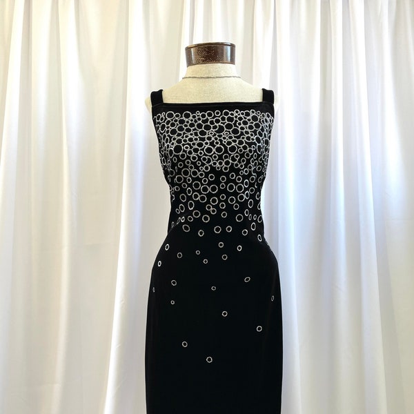 The Sally: 90s Vintage Black Velvet Square Neck Jessica McClintock Gunne Sax with Open Back and Silver Glitter Circle Formal Prom Dress