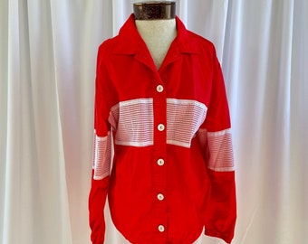 The Sam: 80s Vintage Red and White Long Lightweight Button Jacket with Long Sleeves and Striped Mesh Detail