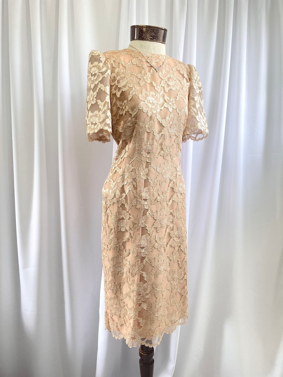 The Stacie 80s Vintage Pink Gold Lace Statement Puff Short Sleeve