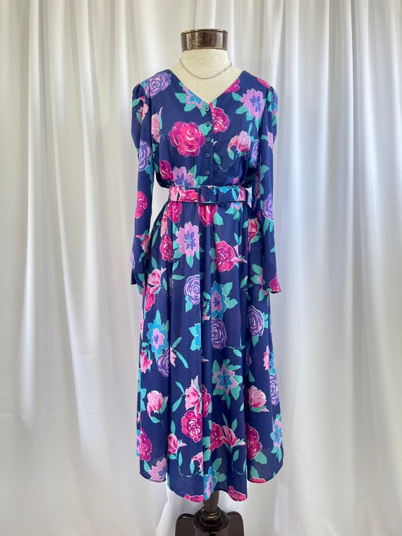 The Eliza: 80s Vintage Navy Blue Pink Purple Flor… - image 1