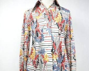 The Devon: 70s Vintage Colorful Striped Tropical Button Up Long Sleeve Polyester Collared Shirt