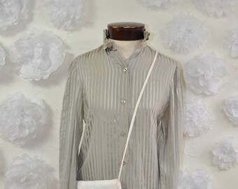 The Jaya: 70s Vintage Silver and Gray Silk Striped High Neck Long Sleeve Button Up Shirt Top