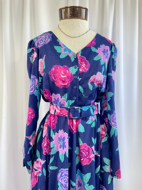 The Eliza: 80s Vintage Navy Blue Pink Purple Flor… - image 2